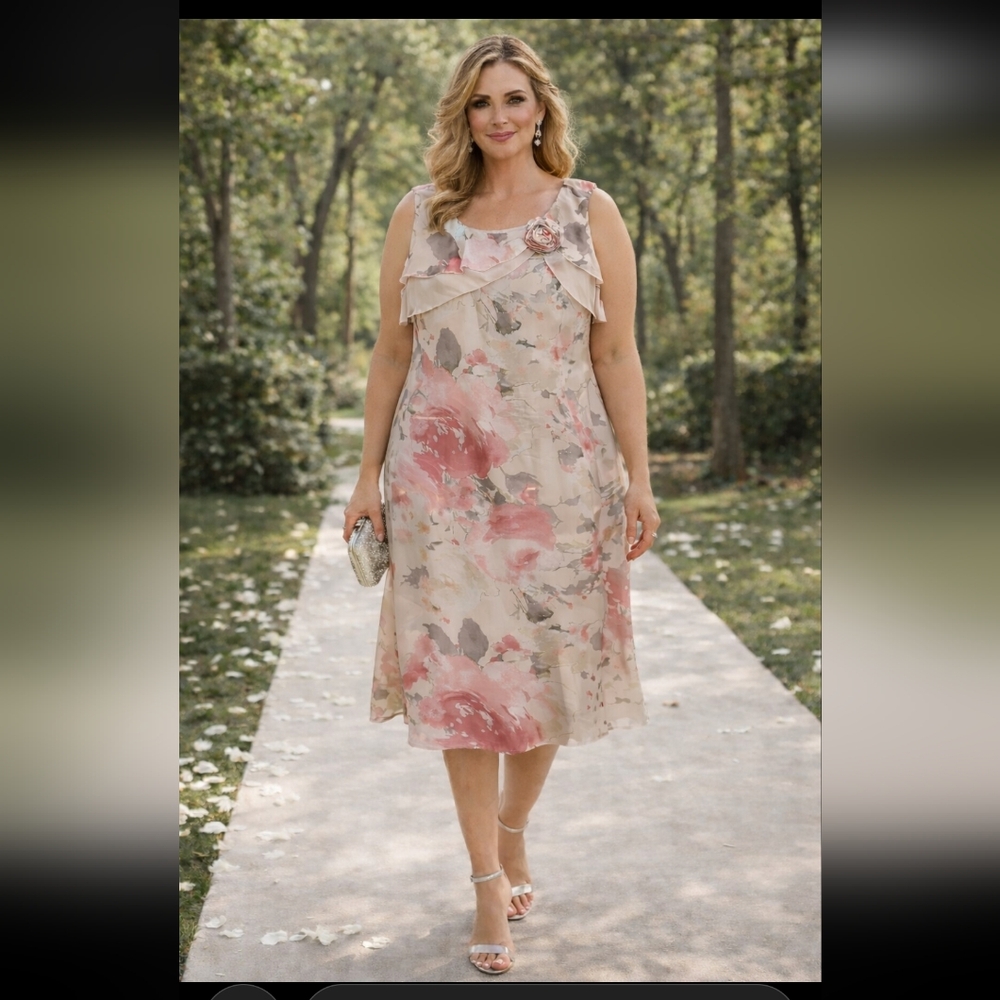 Jacques Vert Dress Floral Ivory Pink Elegant Size Plus 22 / 2x